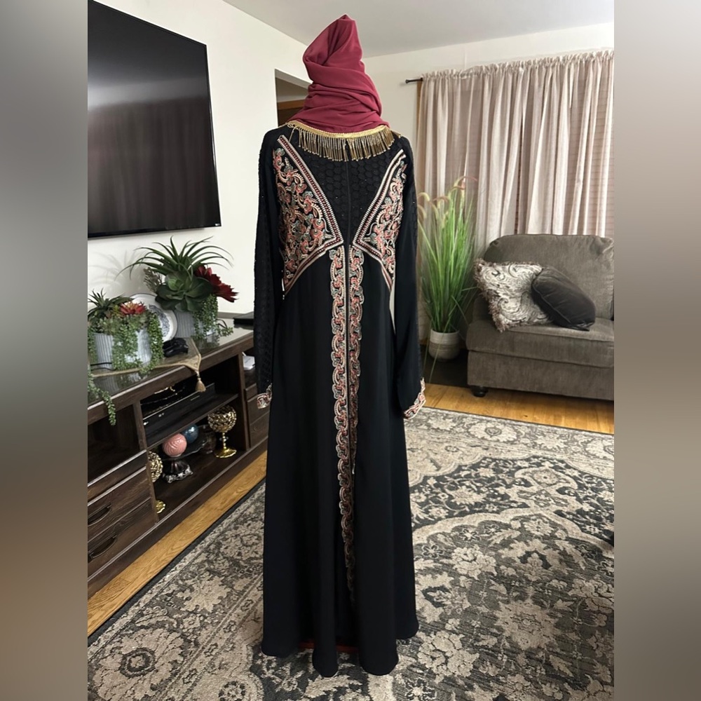 Elegant Black and Gold Embroidered Dress woman abya